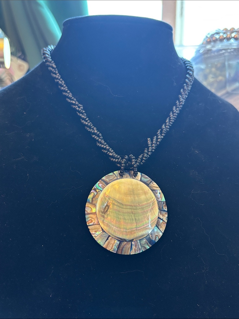 Hand Crafted Abalone Round Pendant Necklace with Black Cord
